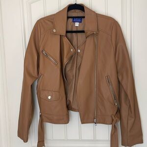 Faux Leather Moto Jacket, Size M, Simply Styled Women’s Camel Brown Zipper Coat